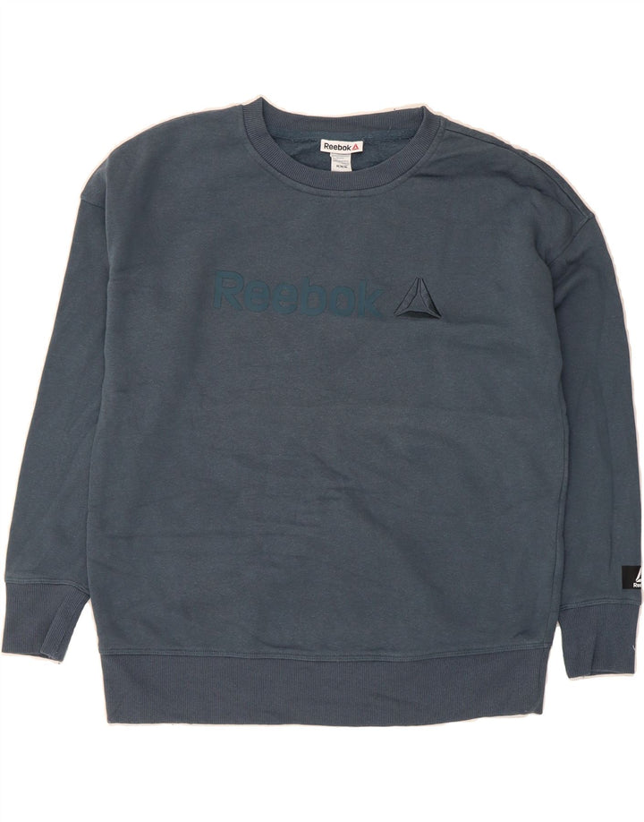 REEBOK Mens Graphic Sweatshirt Jumper Medium Navy Blue Cotton Vintage Reebok and Second-Hand Reebok from Messina Hembry 