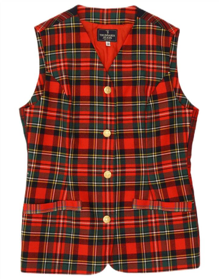 Colete feminino Trussardi Longline IT 46 grande lã virgem xadrez vermelha