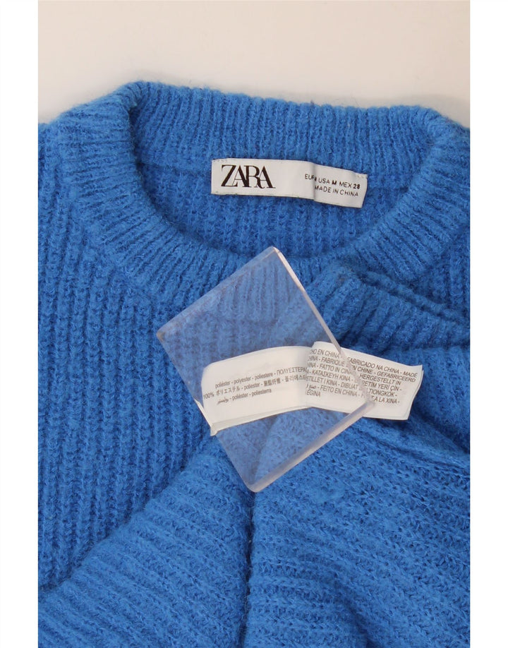 Zara Suéter feminino cropped com gola redonda Reino Unido 12 poliéster azul médio