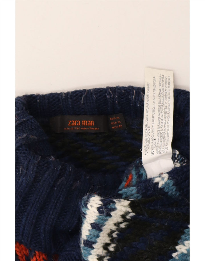 Suéter masculino ZARA com gola redonda XL azul marinho Fair Isle acrílico