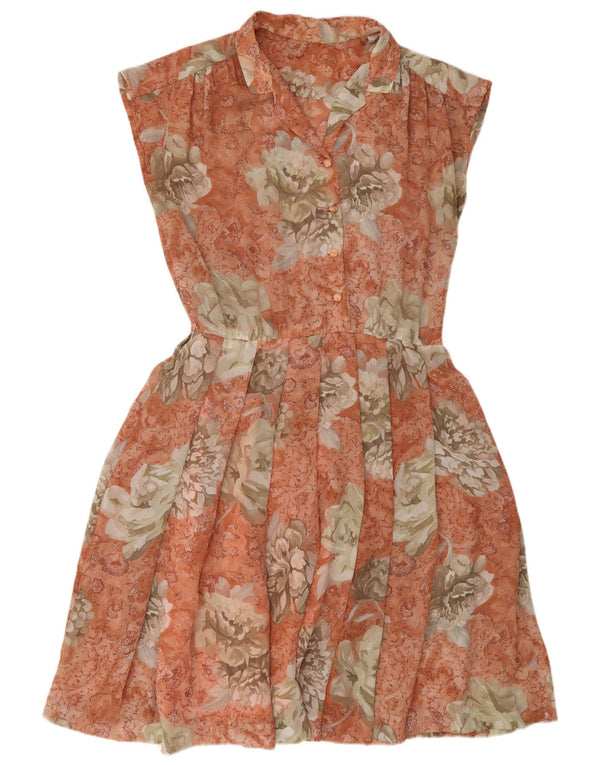 Vestido feminino vintage sem mangas evasê UK 14 médio laranja floral retrô