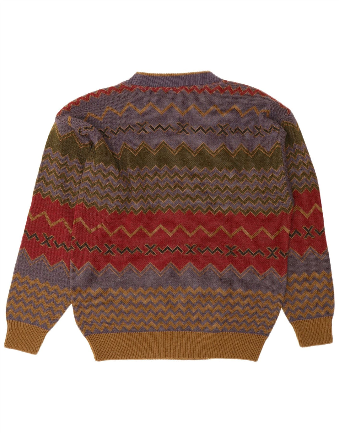 Suéter vintage masculino com gola redonda, pequeno, multicolorido, acrílico chevron