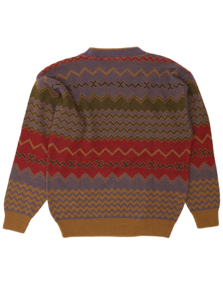 Suéter vintage masculino com gola redonda, pequeno, multicolorido, acrílico chevron