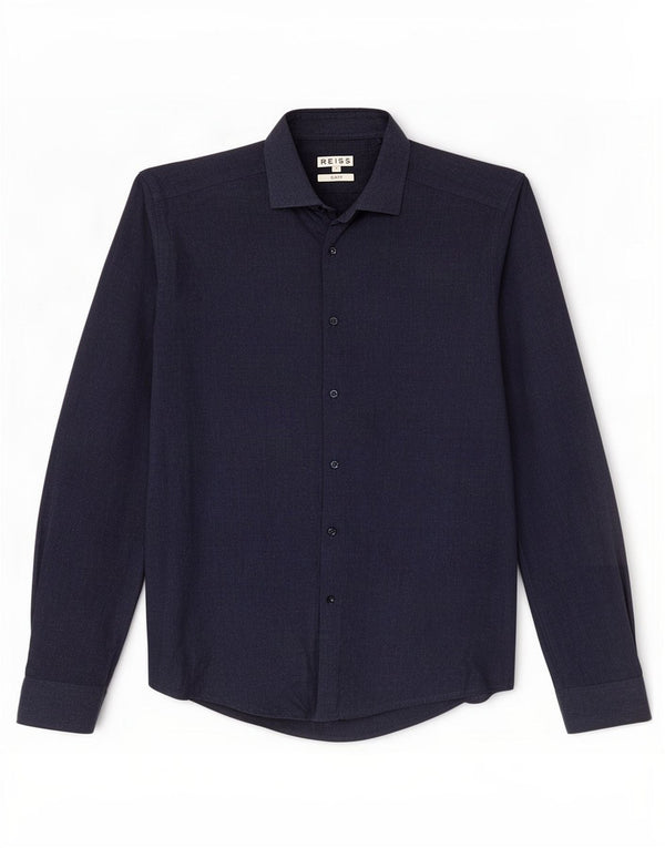 Camisa masculina Reiss Slim Fit pequena algodão azul marinho