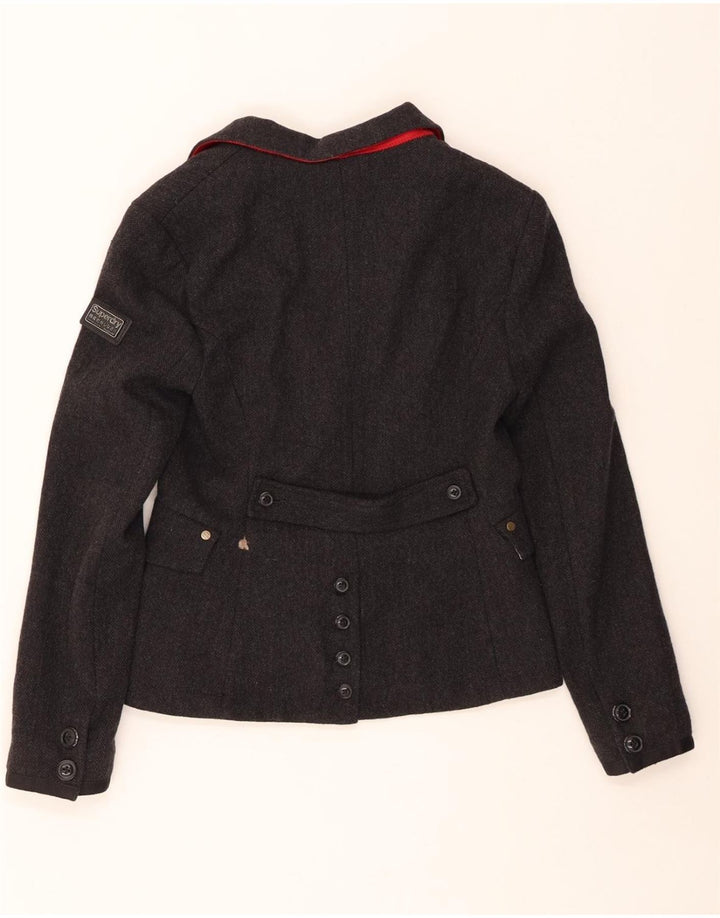 Jaqueta blazer feminina SUPERDRY com 2 botões Reino Unido 12 lã espinha de peixe cinza médio