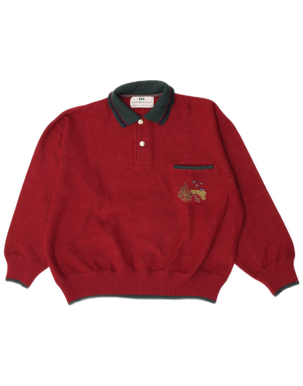 Suéter vintage masculino com gola polo, grande lã colorblock cor de vinho