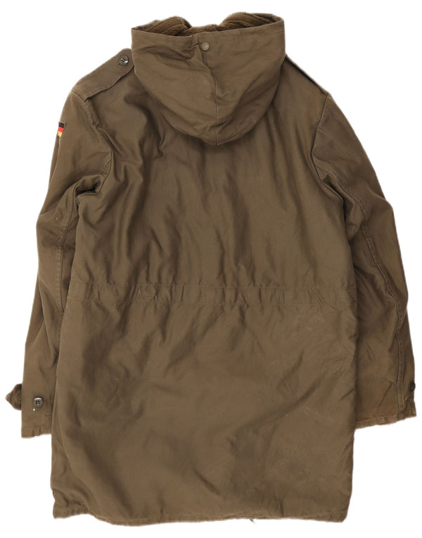 Jaqueta masculina vintage militar com capuz Sherpa Parka Reino Unido 36 algodão cáqui pequeno