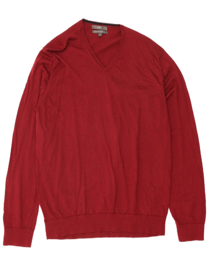 MARKS & SPENCER Suéter masculino com decote em V 2XL lã Merino vermelha