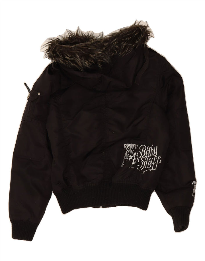 Jaqueta bomber feminina VINTAGE com capuz gráfico Reino Unido 14 médio preto nylon