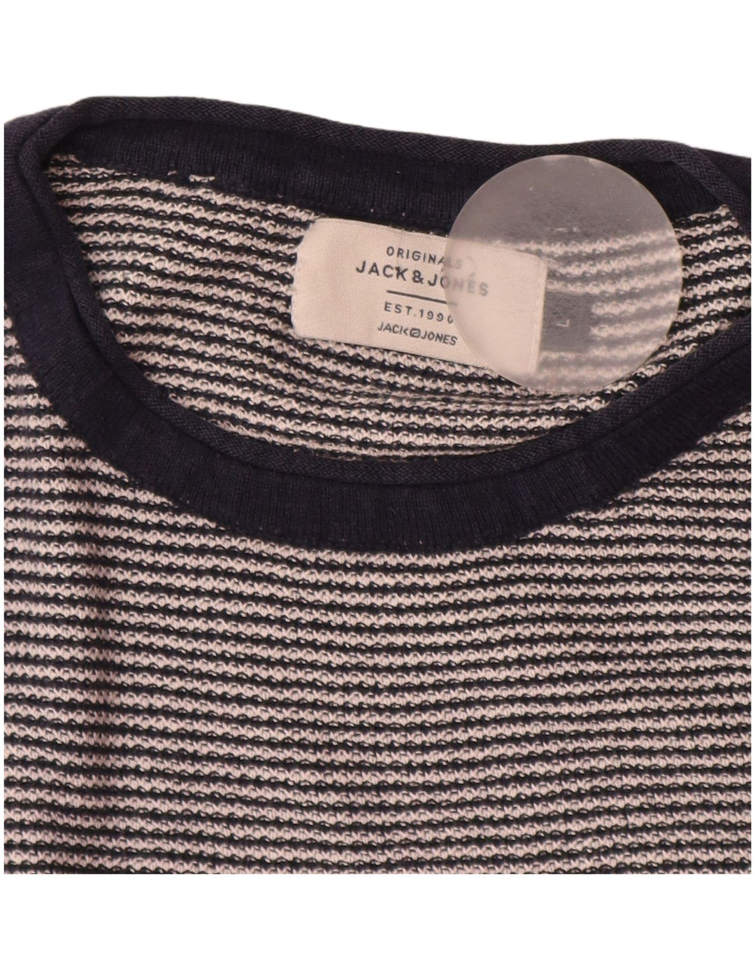 Jack & Jones Suéter masculino com gola redonda grande listrado azul marinho
