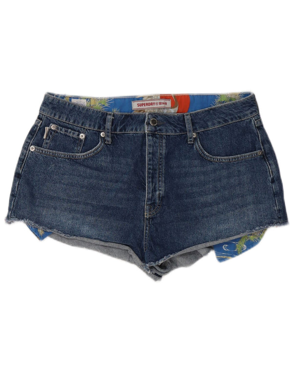 Shorts jeans feminino SUPERDRY desgastado W32 grande algodão azul