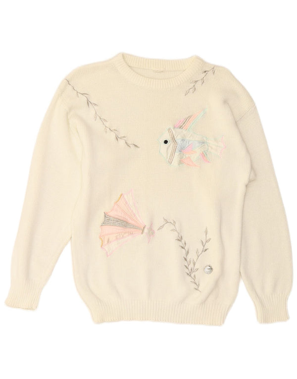 Suéter feminino VINTAGE com gola redonda UK 14 médio off white