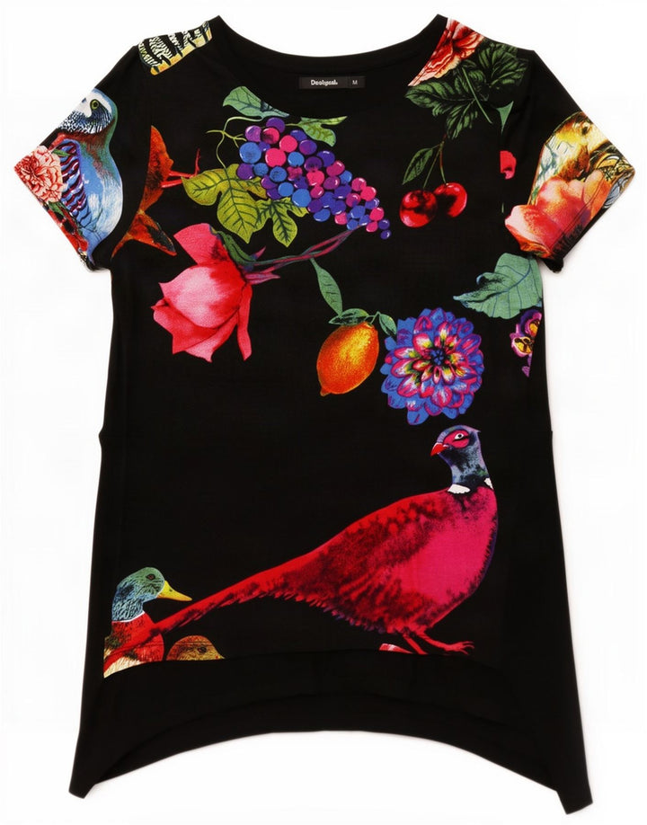 Túnica feminina Desigual Peacocks Graphic UK 12 Médio Preto Floral