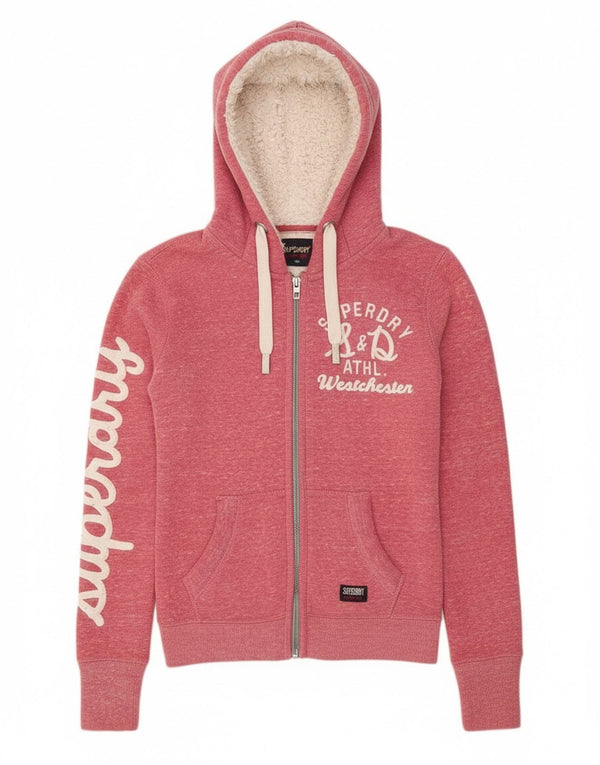 Suéter feminino Superdry com capuz e zíper gráfico UK 10 pequeno poliéster rosa