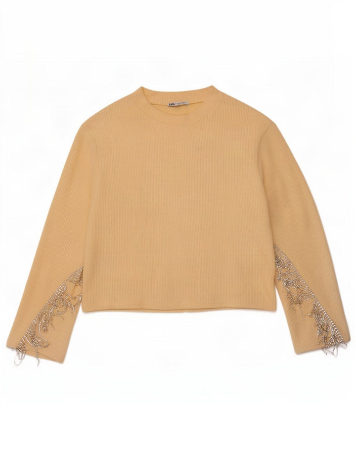 Top feminino Zara manga comprida UK 10 pequeno amarelo