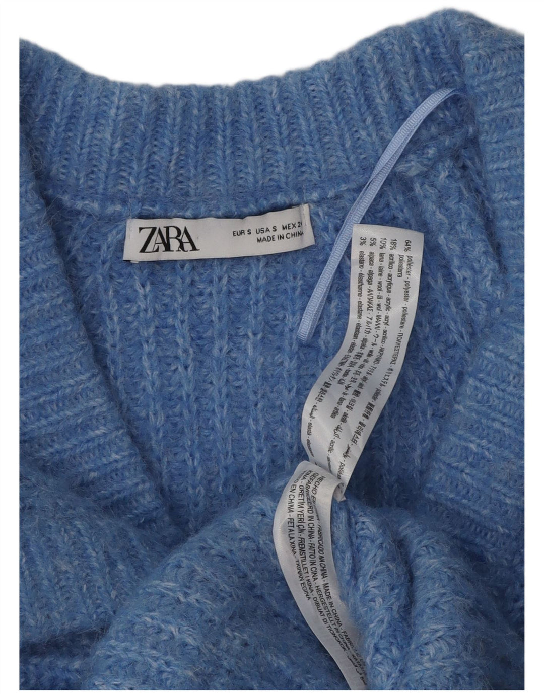 Suéter cardigã feminino Zara UK 10 pequeno poliéster manchado azul