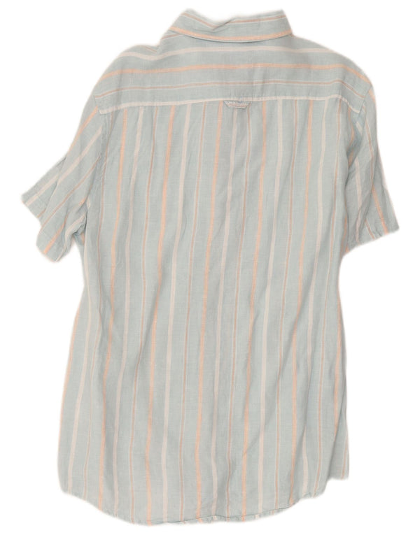 Crew Clothing Camisa masculina de manga curta grande linho listrado azul