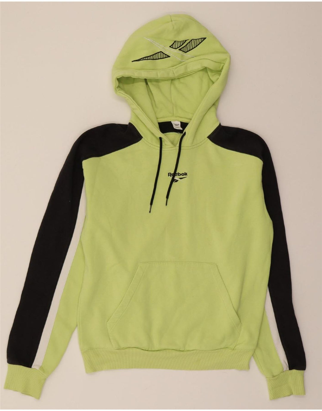 REEBOK Mens Graphic Hoodie Jumper Medium Yellow Colourblock Cotton Vintage Reebok and Second-Hand Reebok from Messina Hembry 