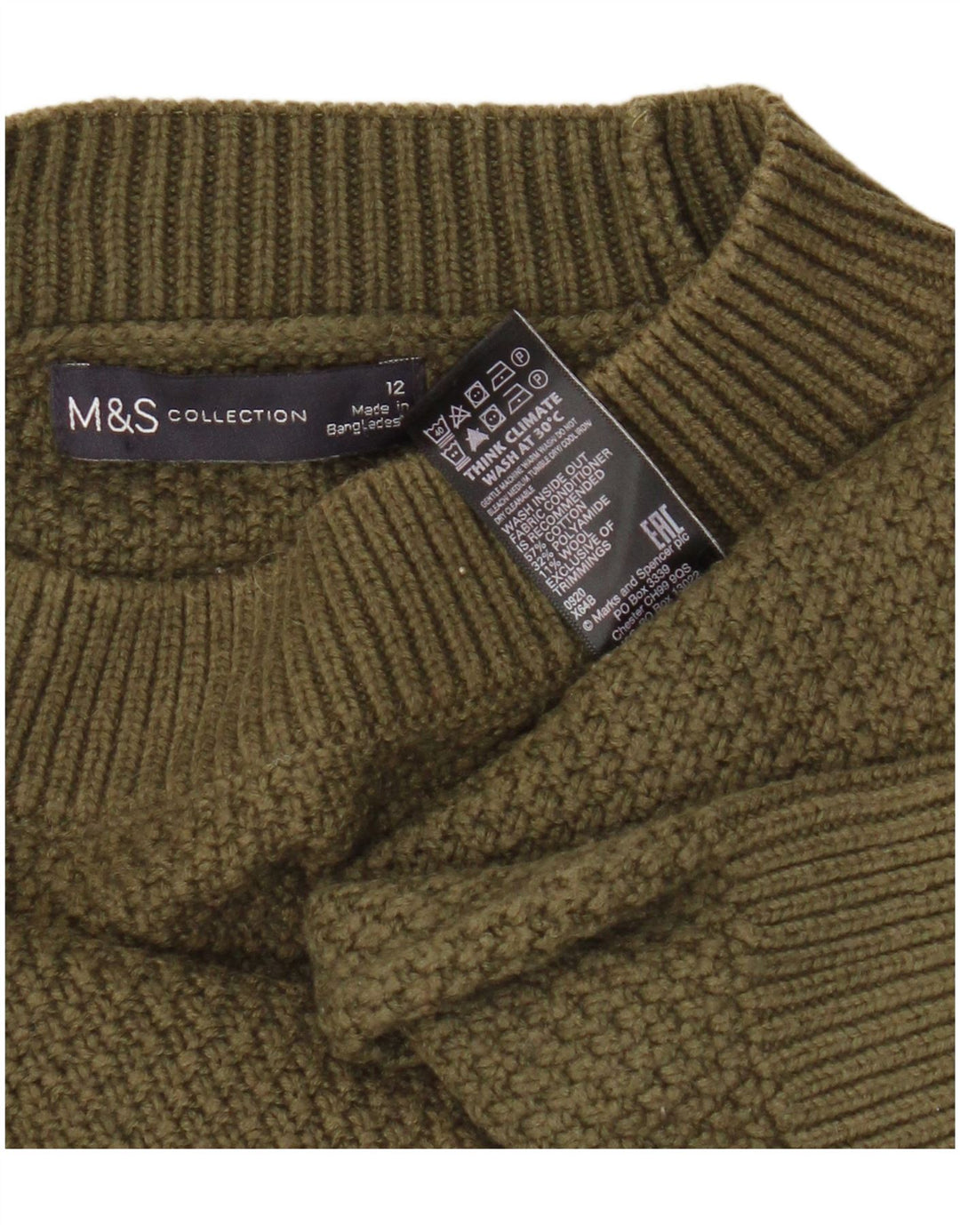 Suéter feminino Marks & Spencer com gola redonda Reino Unido 12 algodão cáqui médio