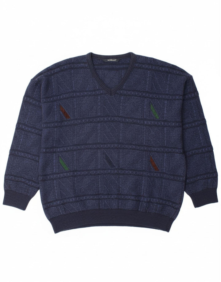 Suéter masculino MONELLO com decote em V IT 50 lã geométrica azul marinho médio