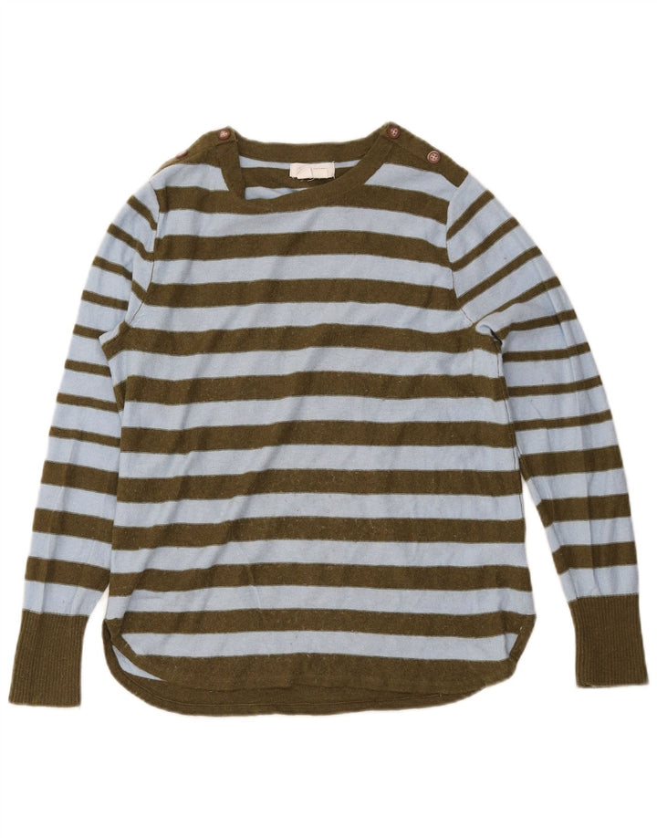 Suéter feminino branco com gola canoa e gola redonda UK 12 listrado cáqui médio
