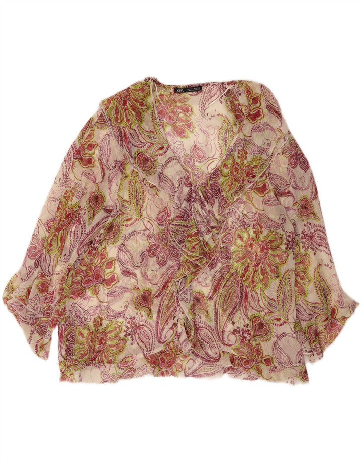 Blusa feminina Zara com babados frontais UK 14 grande floral multicolorido