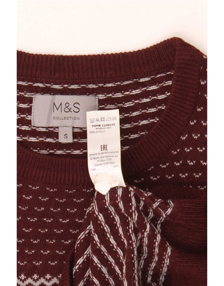 Suéter masculino Marks & Spencer com gola redonda, pequeno Borgonha Fair Isle
