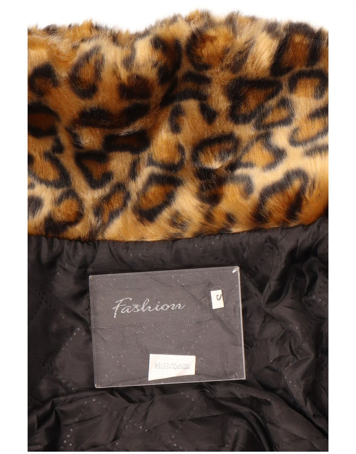 Jaqueta feminina VINTAGE de pele sintética Reino Unido 10 poliéster com estampa animal marrom pequena