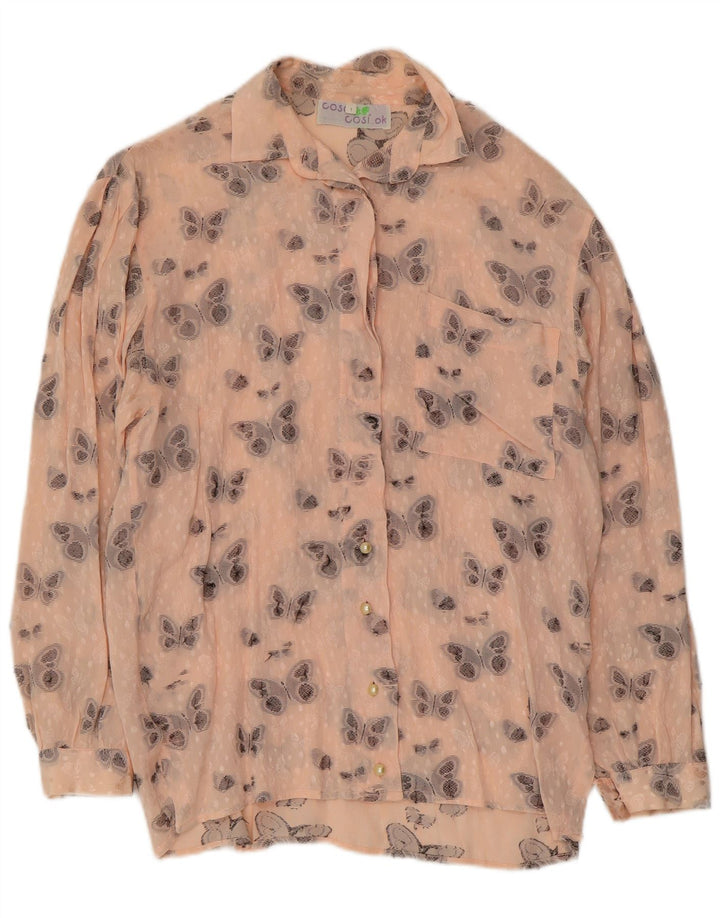 Blusa feminina VINTAGE com estampa gráfica Reino Unido 16 grande borboleta de seda rosa