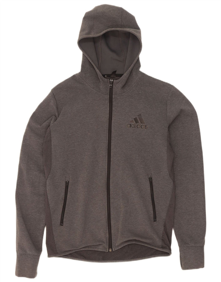 Adidas masculino zip moletom com capuz médio algodão cinza