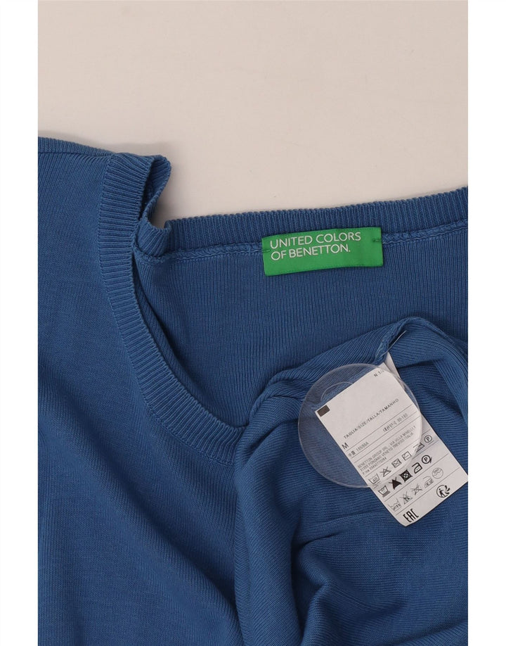 Suéter feminino Benetton com gola redonda UK 14 algodão azul médio