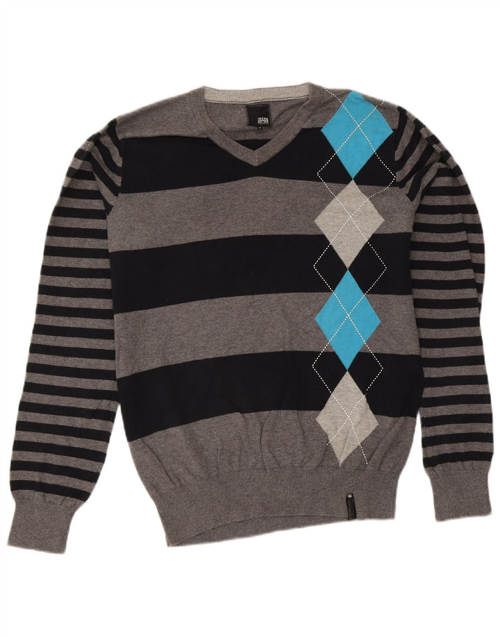 Suéter masculino Jack & Jones com decote em V cinza médio Argyle/algodão diamante