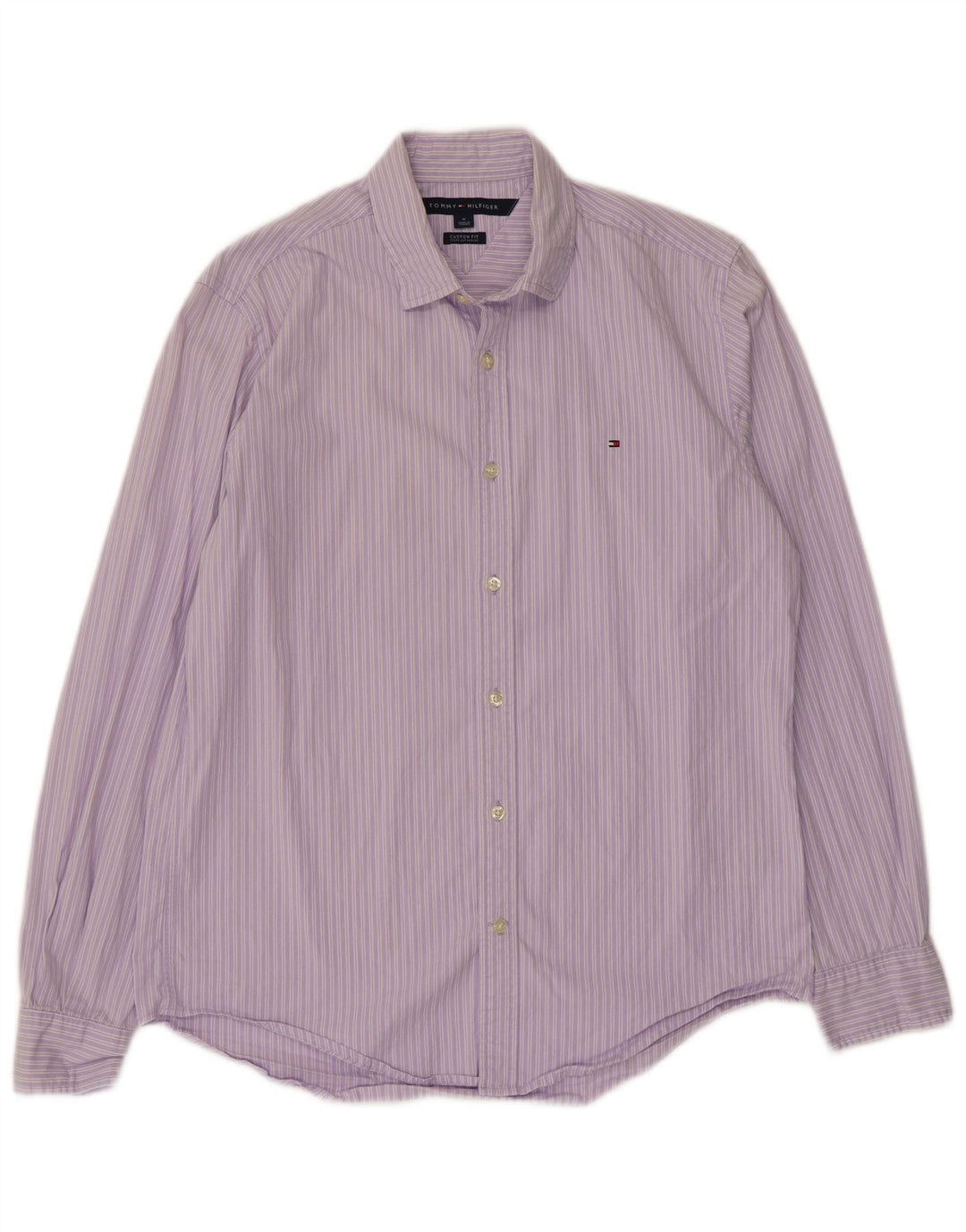 Camisa masculina Tommy Hilfiger Custom Fit de algodão listrado roxo médio