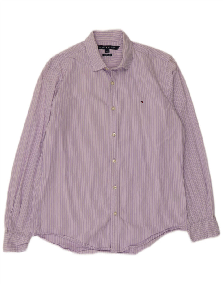 Camisa masculina Tommy Hilfiger Custom Fit de algodão listrado roxo médio