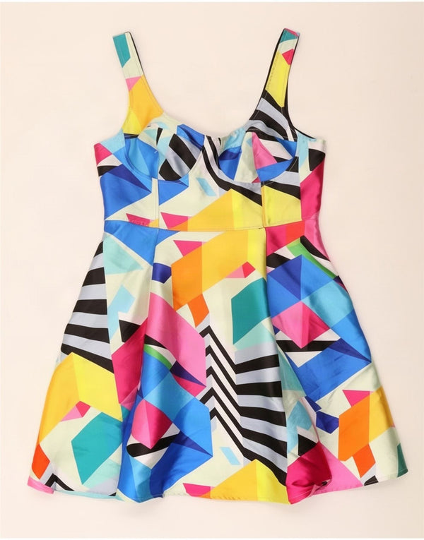 Vestido feminino Coast sem mangas evasê UK 14 grande multicolorido geométrico