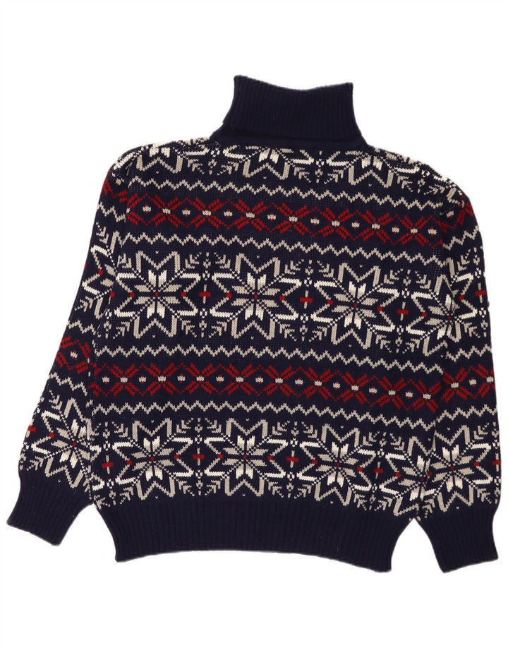 Suéter vintage masculino com gola redonda grande azul marinho Fair Isle
