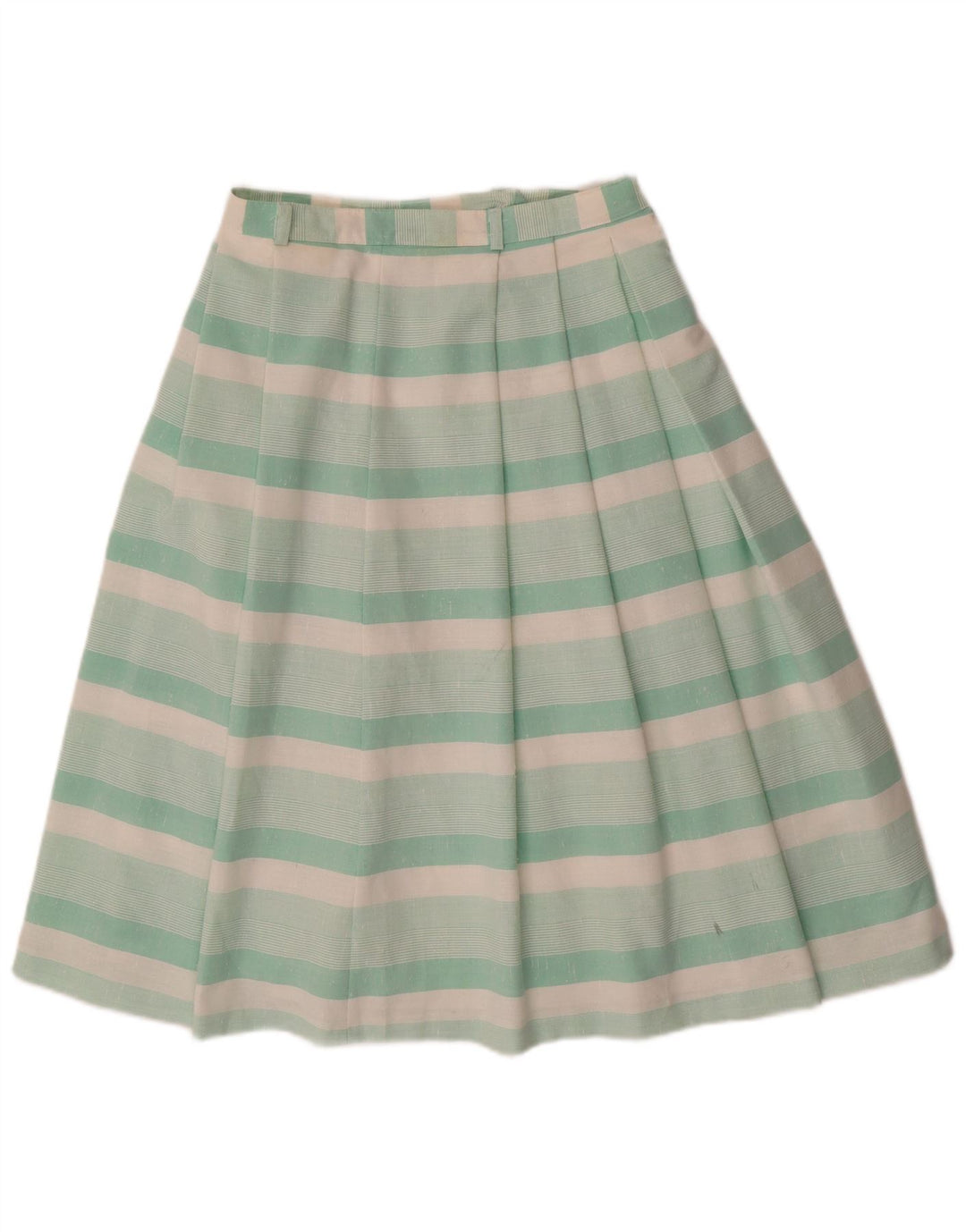 Saia plissada feminina VINTAGE UK 12 médio W28 poliéster listrado verde