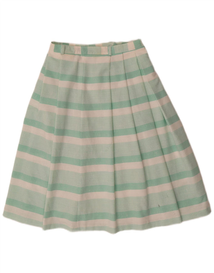 Saia plissada feminina VINTAGE UK 12 médio W28 poliéster listrado verde