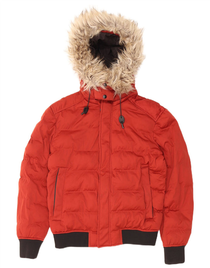 Jaqueta masculina Zara com capuz e acolchoada UK 40 poliéster vermelho médio