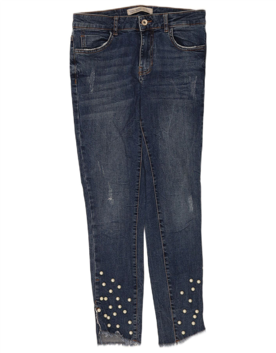 Zara Jeans feminino slim desgastado UE 38 pequeno W28 L27 algodão azul