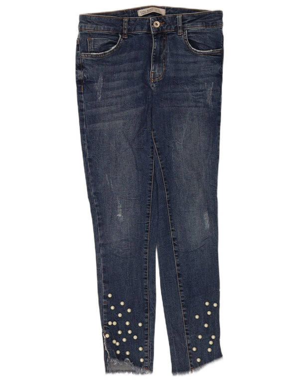 Zara Jeans feminino slim desgastado UE 38 pequeno W28 L27 algodão azul