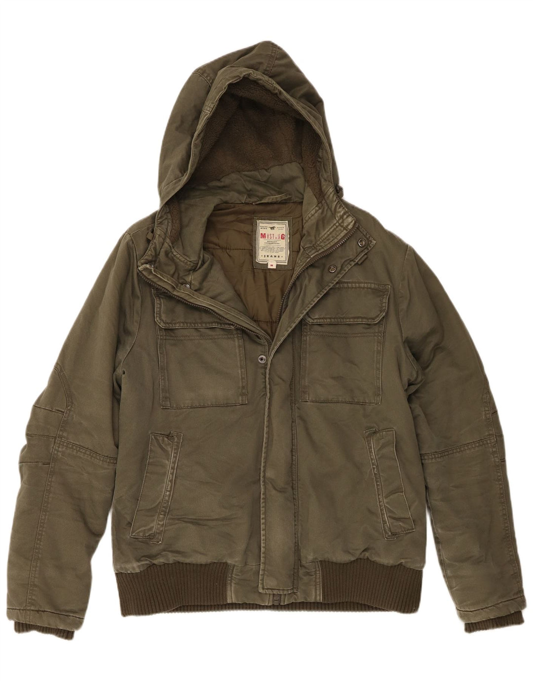 Jaqueta utilitária masculina Mustang com capuz Reino Unido 38 algodão cáqui médio