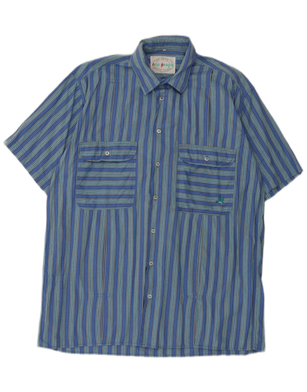 Camisa masculina vintage de manga curta grande algodão listrado azul