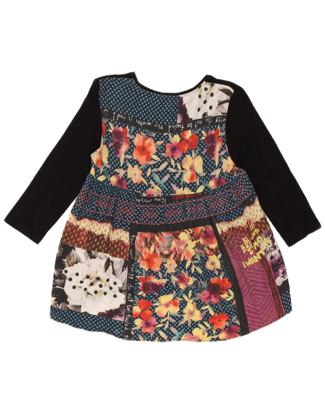 Desigual Top feminino com estampa abstrata manga 3/4 Reino Unido 10 viscose preta pequena