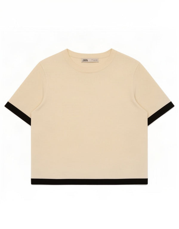 Zara Camiseta Feminina Crop Top UK 10 Pequeno Bege Colourblock Viscose