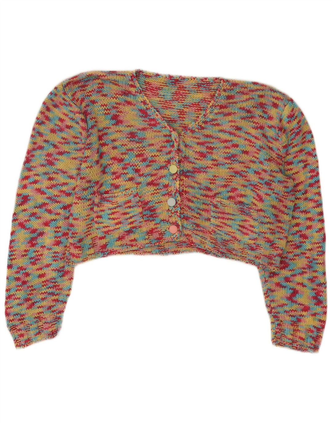Suéter cardigan vintage feminino UK 14 médio multicolorido manchado