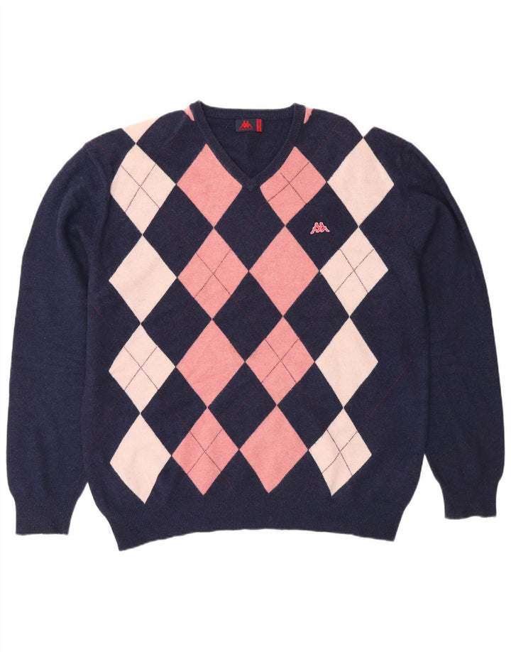 Suéter masculino Kappa com decote em V 2XL azul marinho Argyle/lã diamante