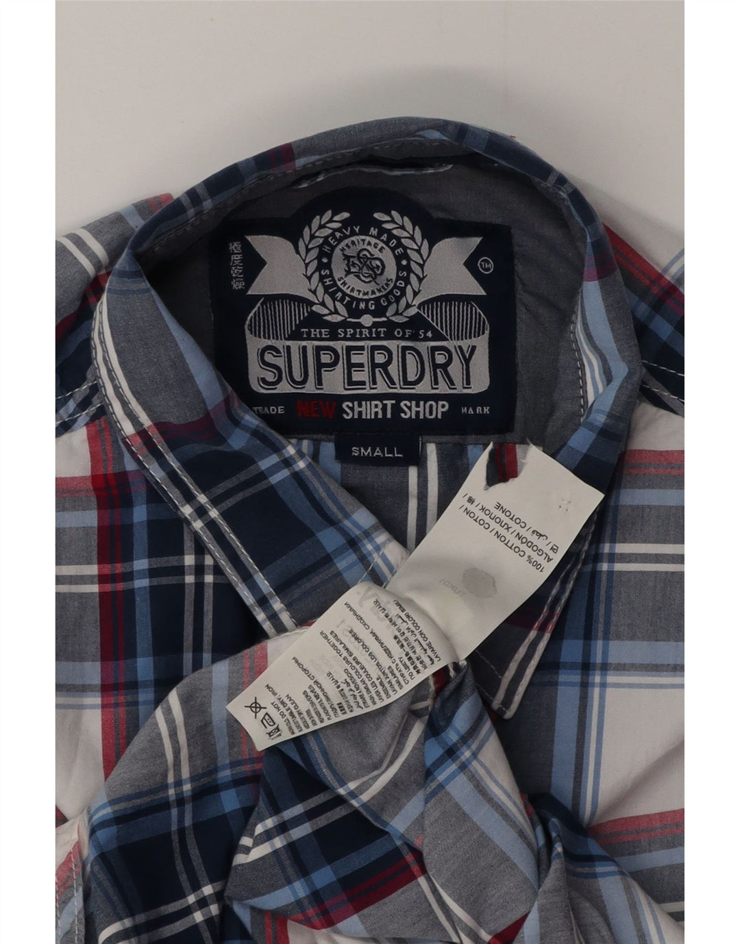 Camisa masculina SUPERDRY pequena xadrez azul marinho de algodão