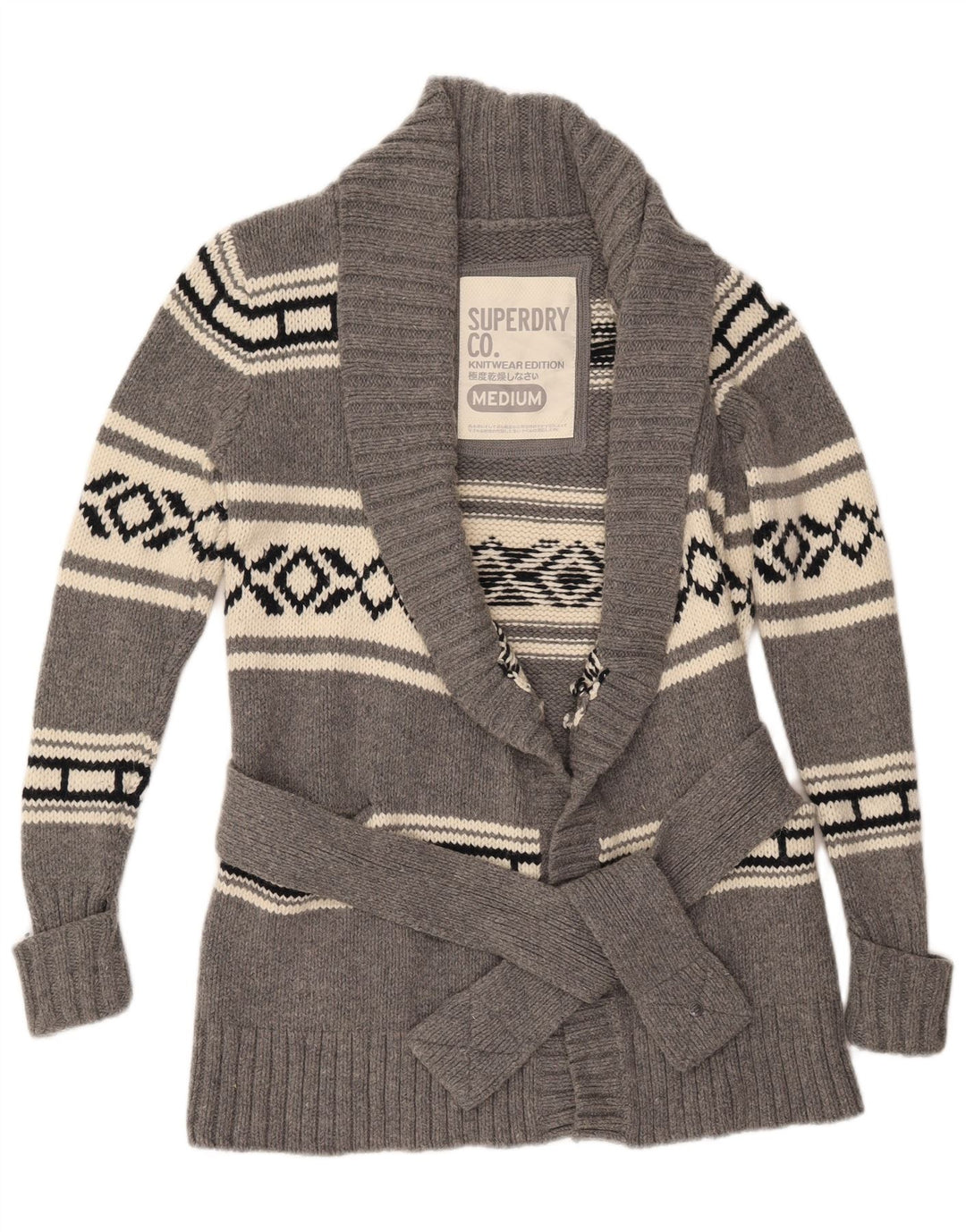 Suéter cardigã feminino Superdry UK 14 lã geométrica cinza médio