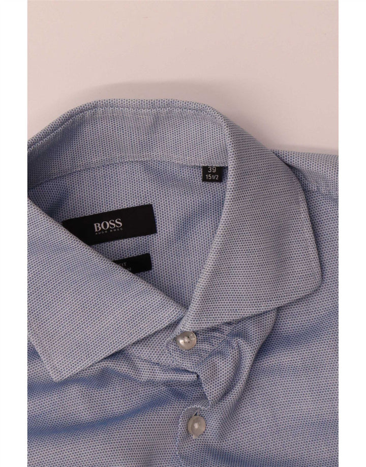Camisa masculina Hugo Boss tamanho 39 15 1/2 algodão manchado azul médio